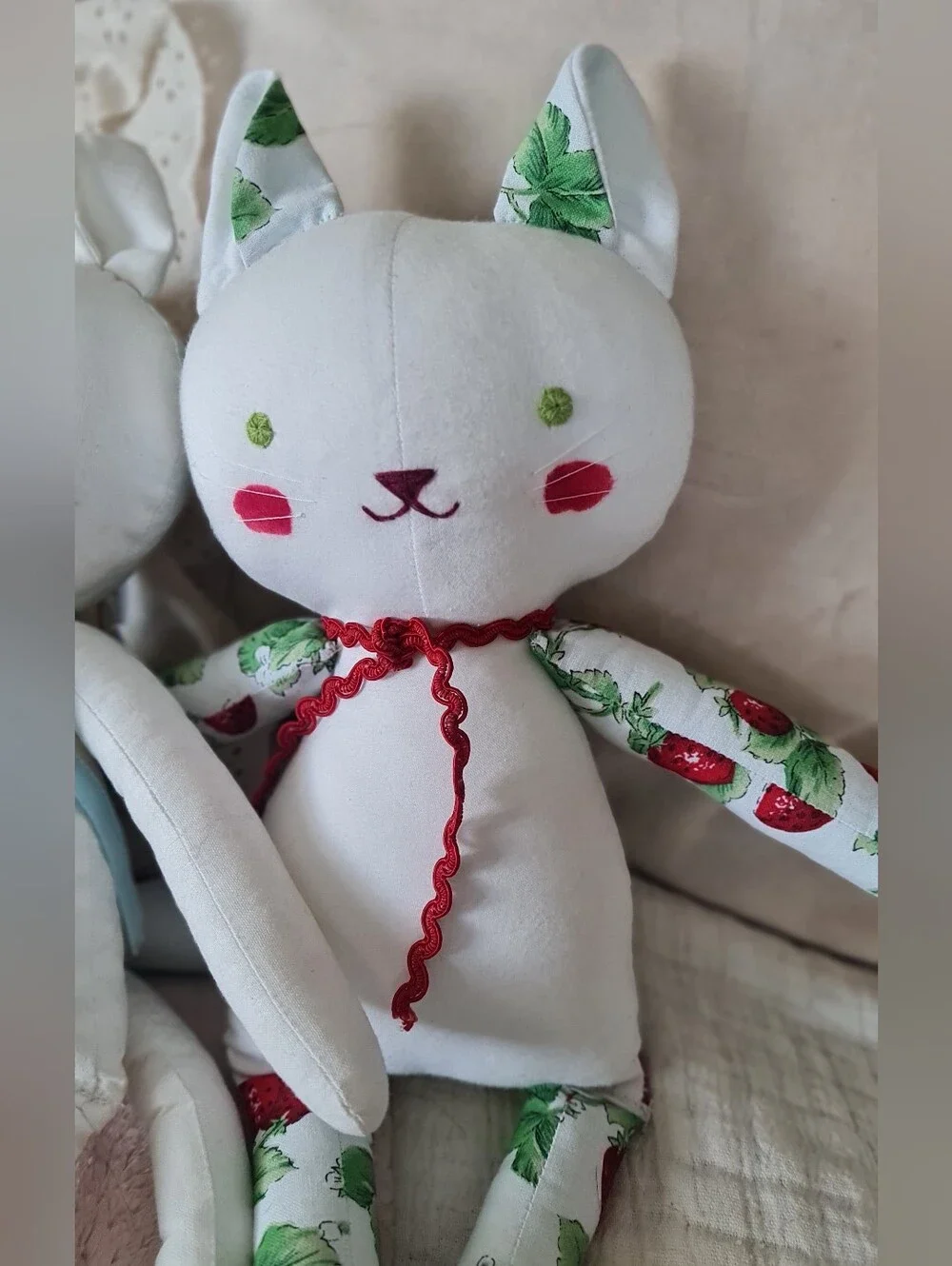 Handmade Cat Ragdolls, White with Floral Accents & Strawberry Print
